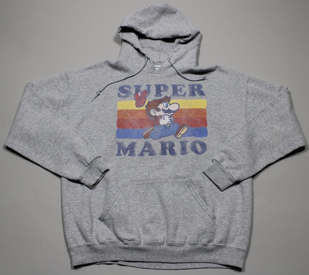 Nintendo Super Mario Hoodie Mens Large Gray Retro Graphic Vintage Style